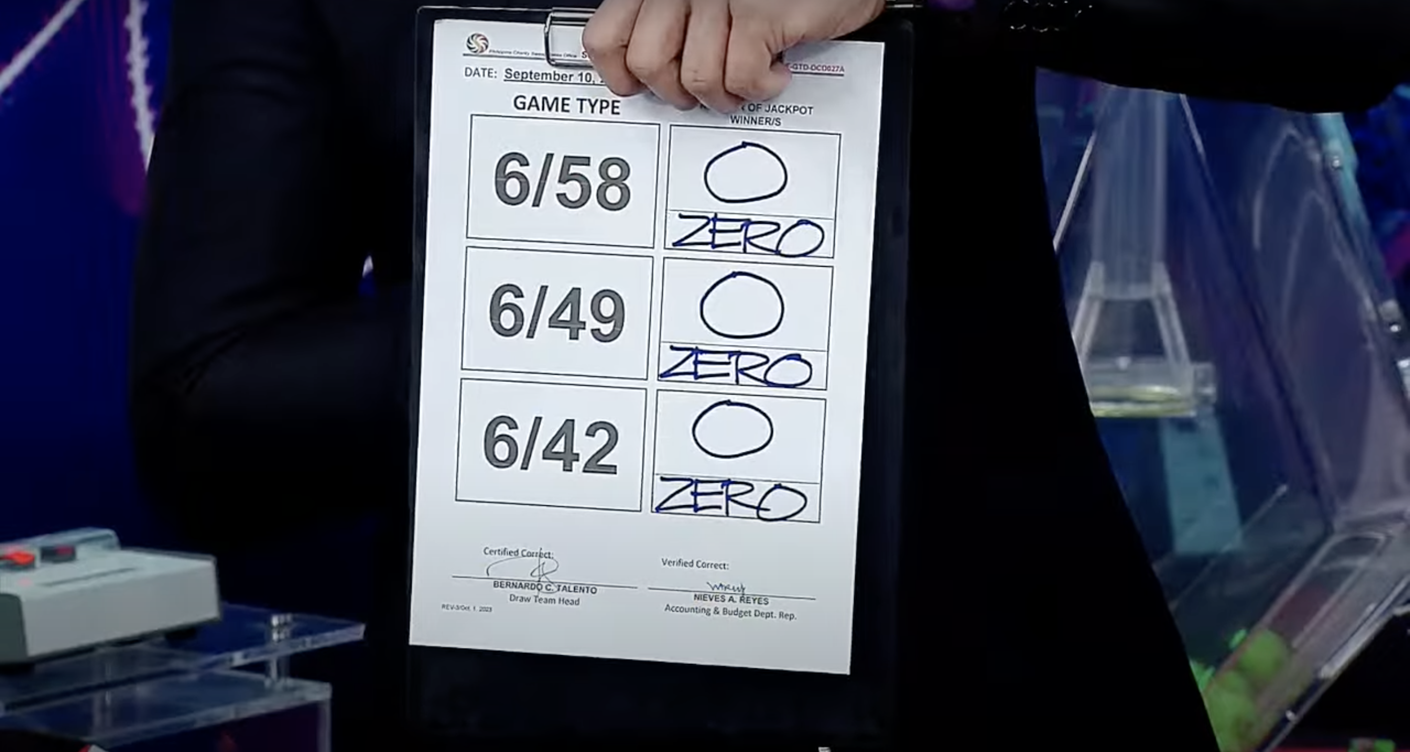 Screen grab of PCSO lotto results from live stream on September 10 2024